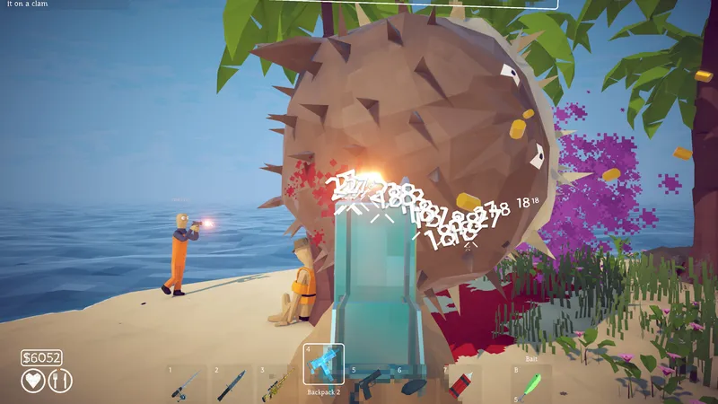 Players fighting the giant Pufferfish boss on the beach