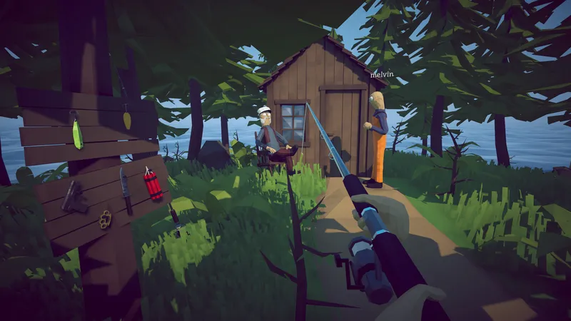 A player meeting an island character beside the fishing gear board