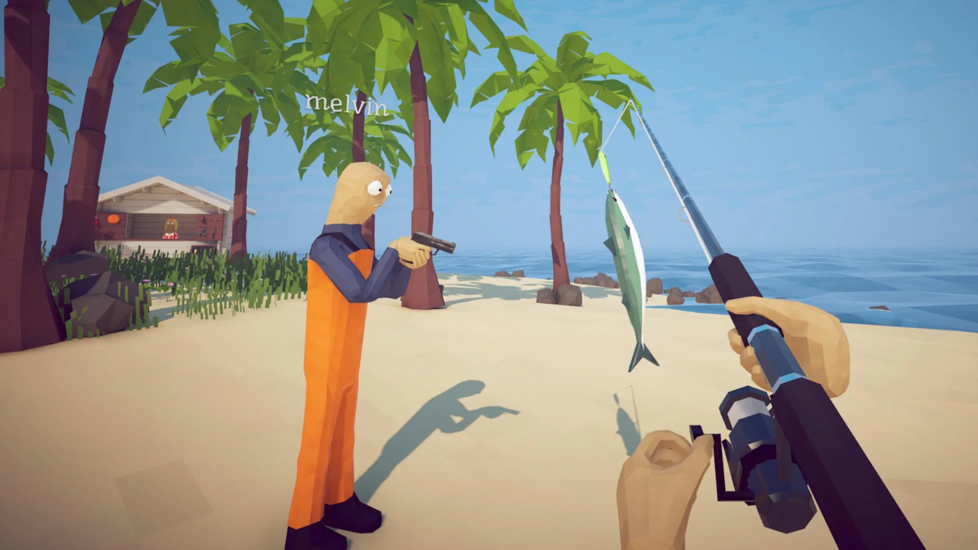 A How to Fish player holding a caught fish while another player aims a weapon on the starting island