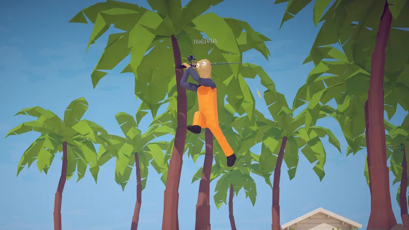 A player swinging through palm trees with a fishing rod